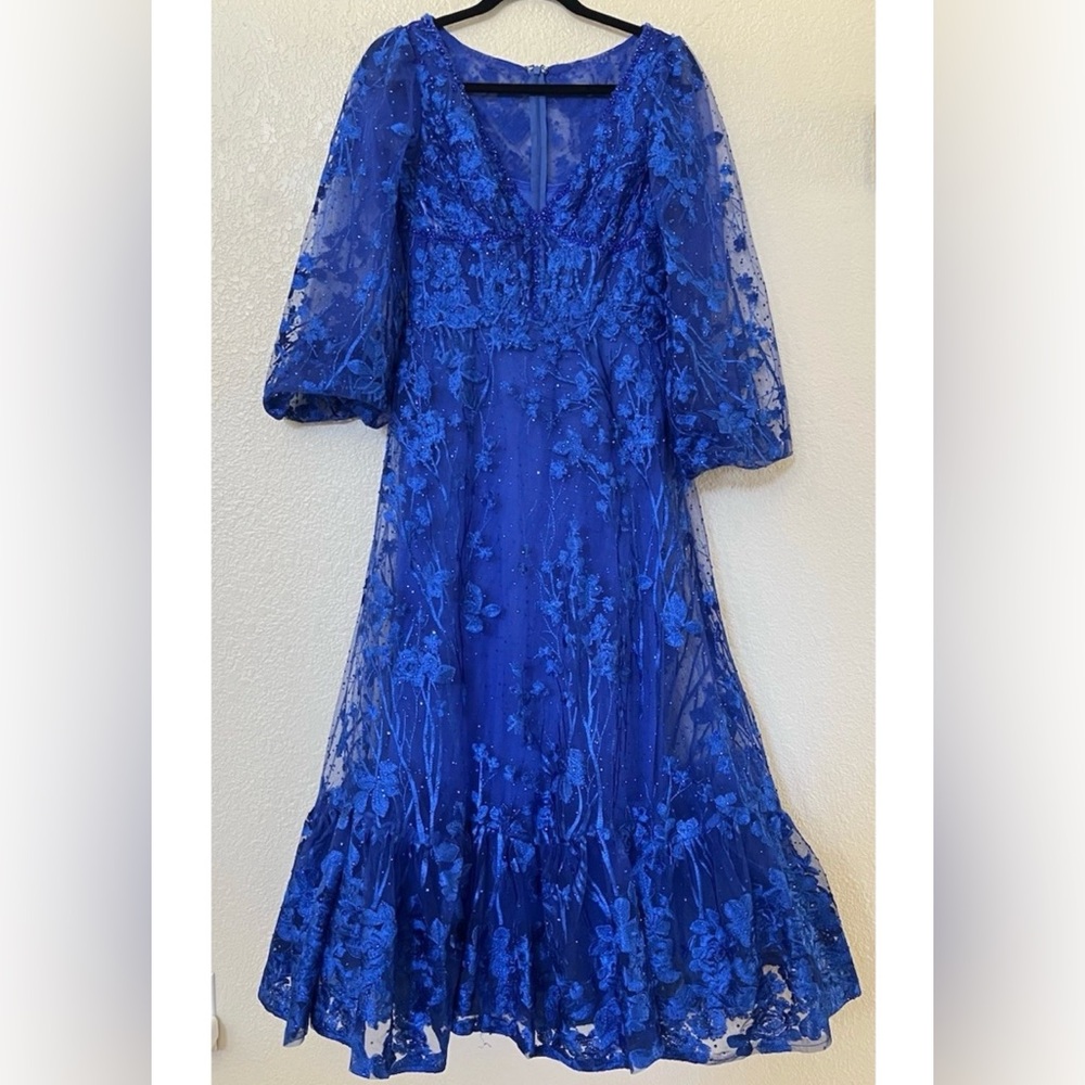 New Mac Duggal 20512 V Neck Mech Puff Sleeve A Line Embellished Dress Blue Sz 8 - Picture 4 of 9